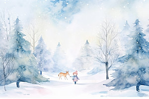 冬季雪景场景背景女孩赏雪矢量素材