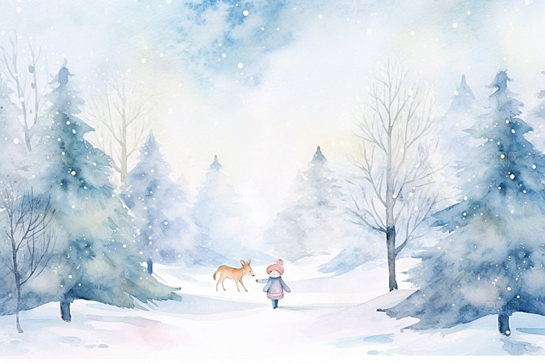 冬季雪景场景背景女孩赏雪矢量素材