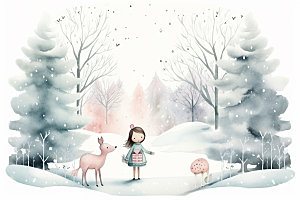 冬季雪景小清新女孩赏雪矢量素材