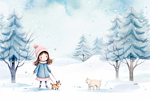 冬季雪景女孩赏雪场景背景矢量素材