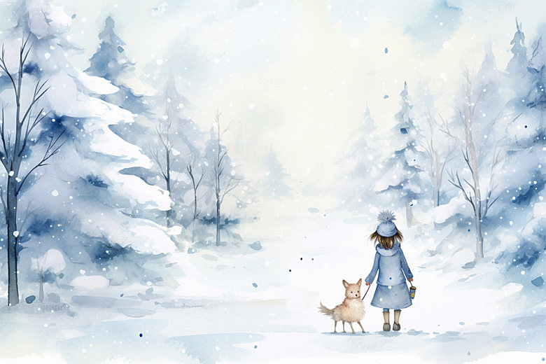 冬季雪景卡通女孩赏雪矢量素材