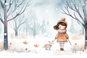 冬季雪景人物插画女孩赏雪矢量素材