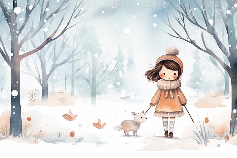 冬季雪景人物插画女孩赏雪矢量素材
