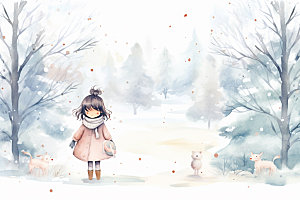 冬季雪景可爱女孩赏雪矢量素材
