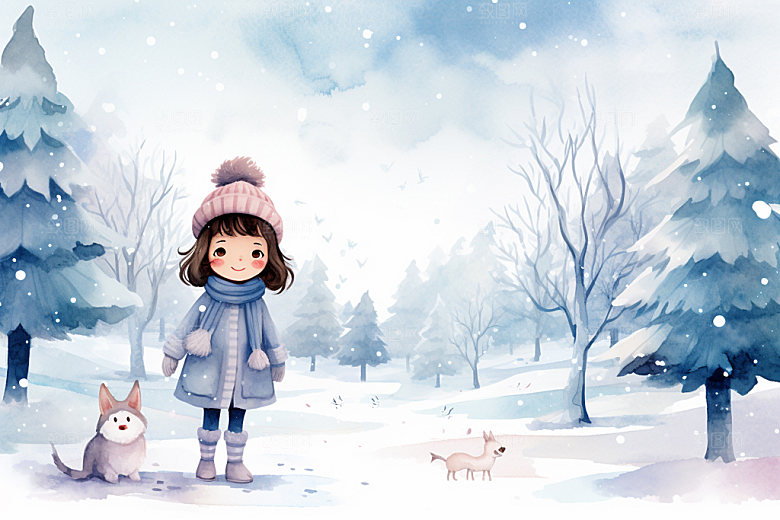 冬季雪景小清新女孩赏雪矢量素材