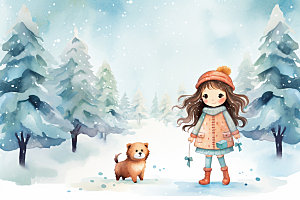 冬季雪景可爱女孩赏雪矢量素材