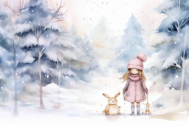 冬季雪景卡通人物插画矢量素材