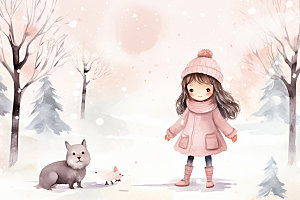 冬季雪景人物插画可爱矢量素材