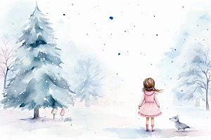 冬季雪景女孩赏雪可爱矢量素材