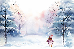 冬季雪景卡通女孩赏雪矢量素材