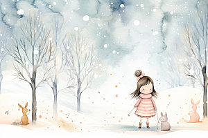 冬季雪景场景背景女孩赏雪矢量素材