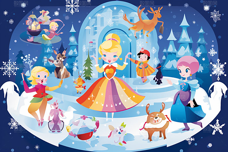 冬季雪景小清新女孩赏雪矢量素材