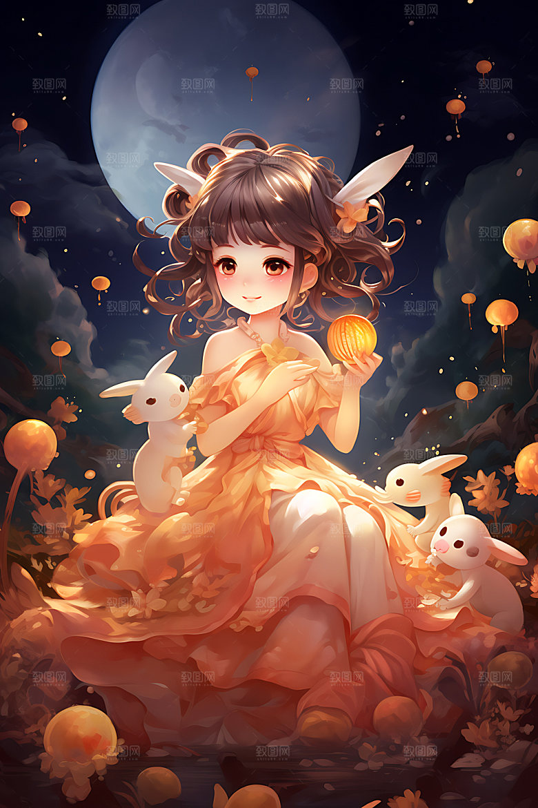中秋玉兔少女中国风嫦娥插画