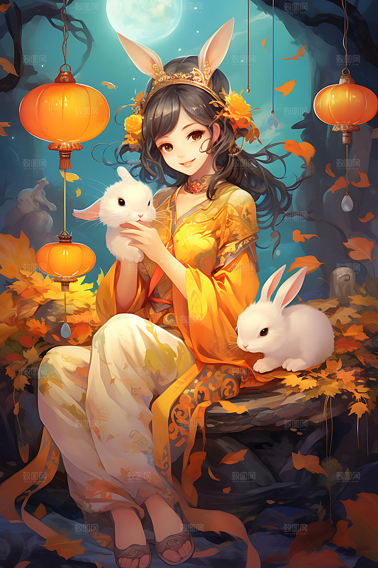 中秋玉兔少女女孩中国风插画