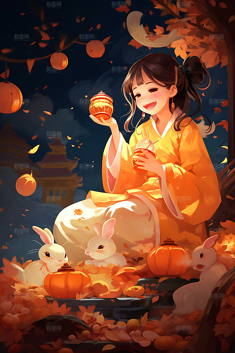中秋玉兔少女中国风女孩插画