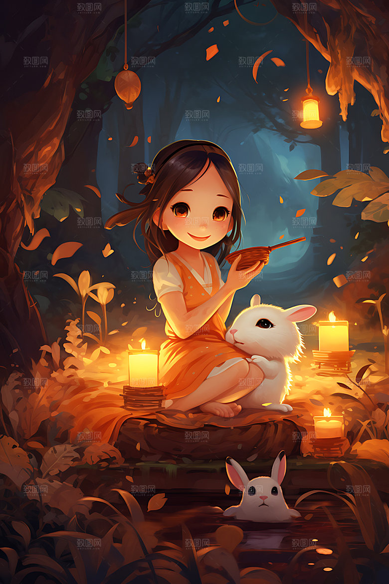 中秋玉兔少女可爱唯美插画