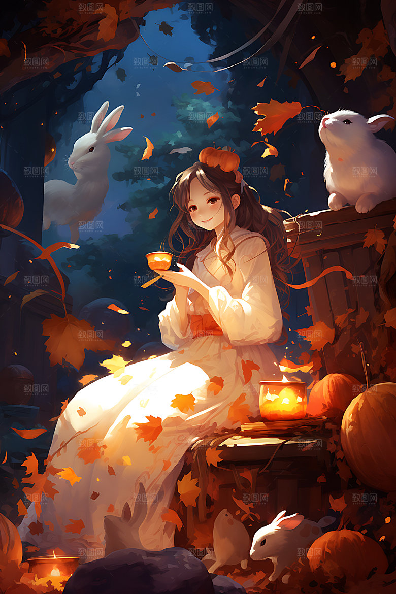 中秋玉兔少女可爱中国风插画