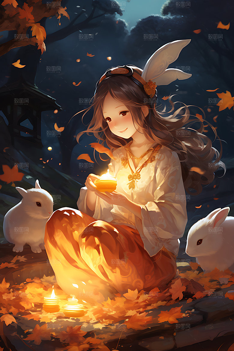 中秋玉兔少女嫦娥中国风插画