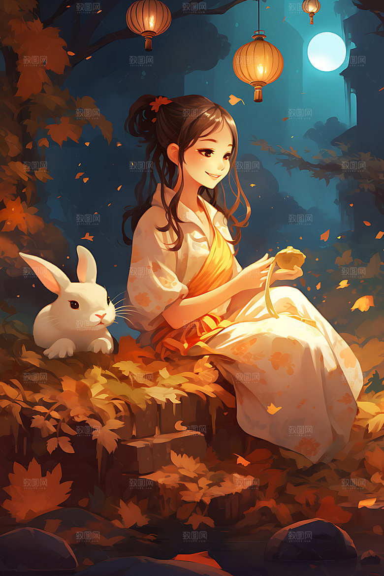 中秋玉兔少女手绘女孩插画