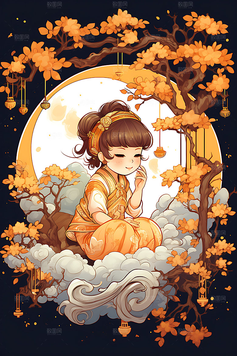 中秋玉兔少女嫦娥节日插画