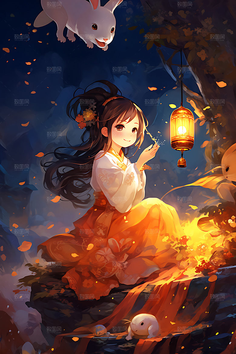 中秋玉兔少女中国风嫦娥插画