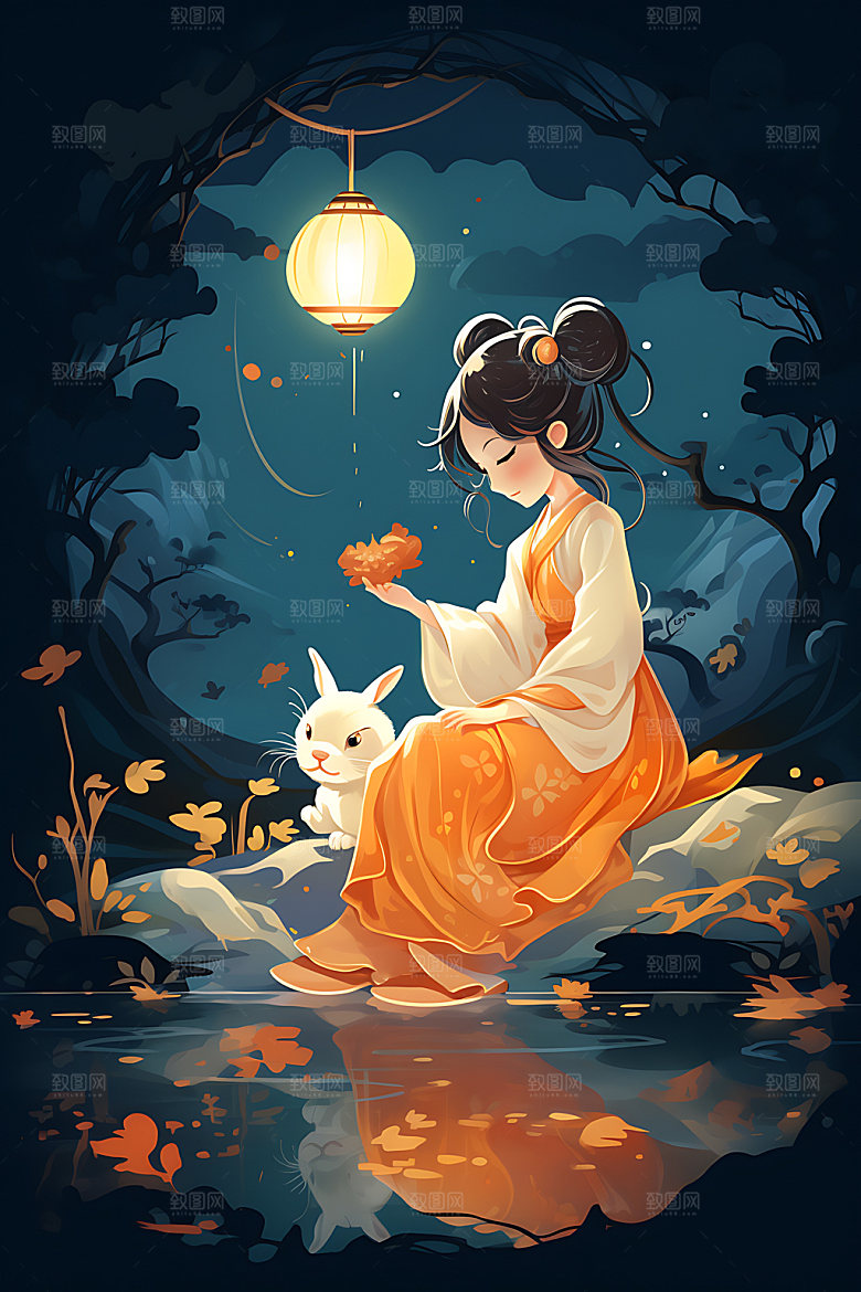 中秋玉兔少女节日嫦娥插画