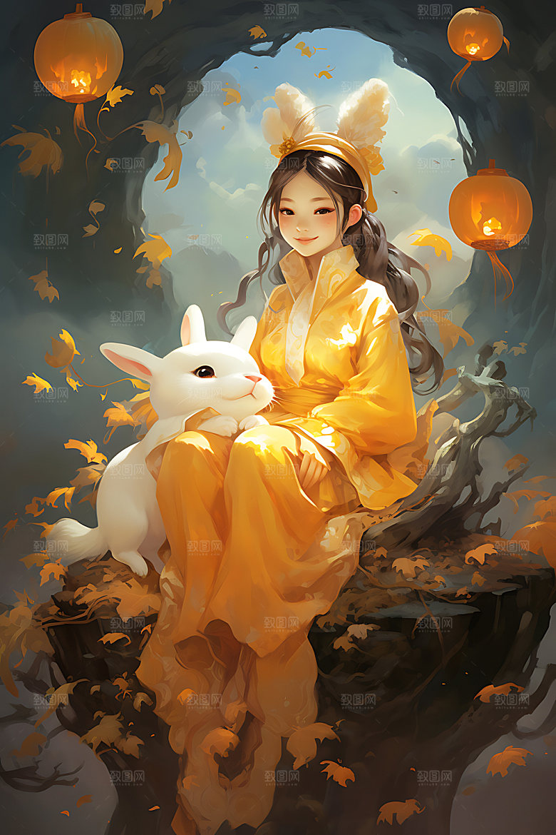 中秋玉兔少女女孩节日插画