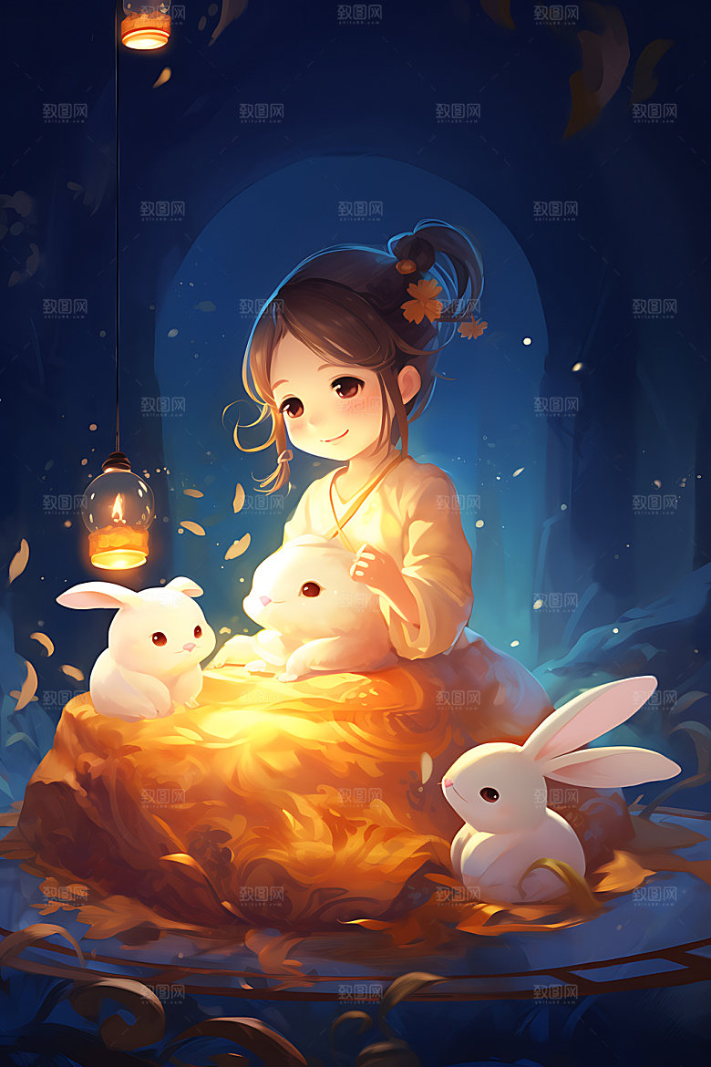 中秋玉兔少女手绘可爱插画