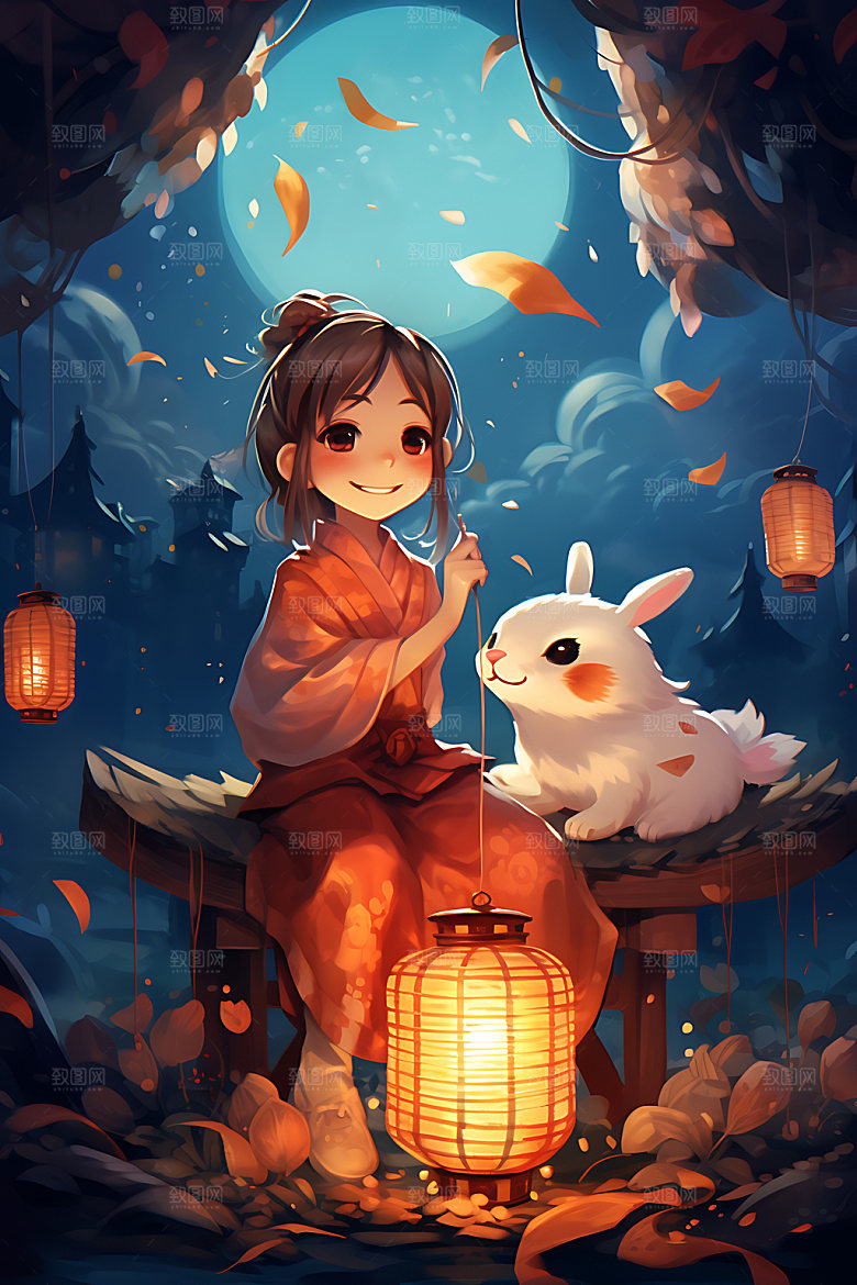中秋玉兔少女可爱唯美插画