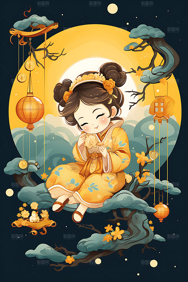 中秋玉兔少女手绘中国风插画