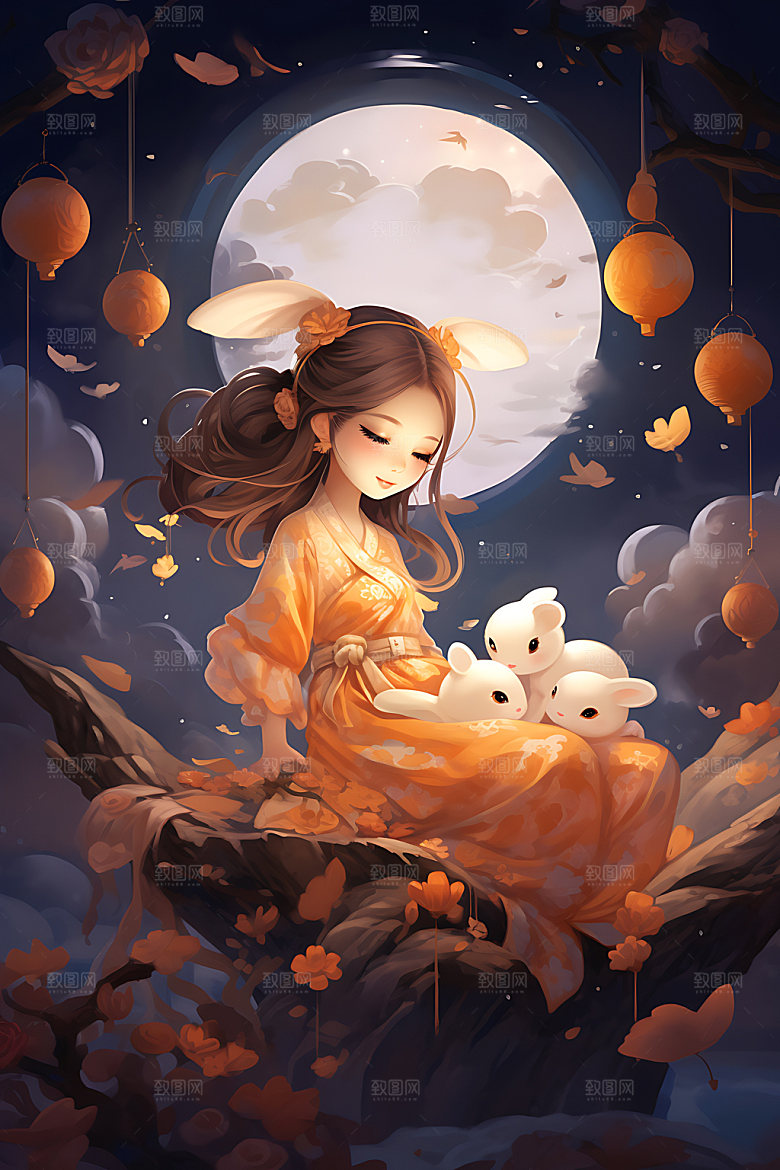 中秋玉兔少女可爱节日插画