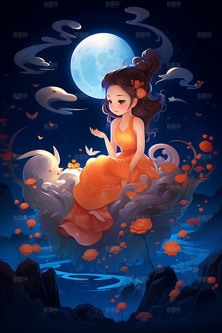 中秋玉兔少女嫦娥唯美插画