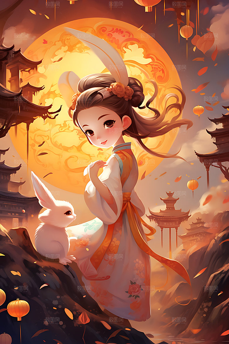 中秋玉兔少女唯美可爱插画