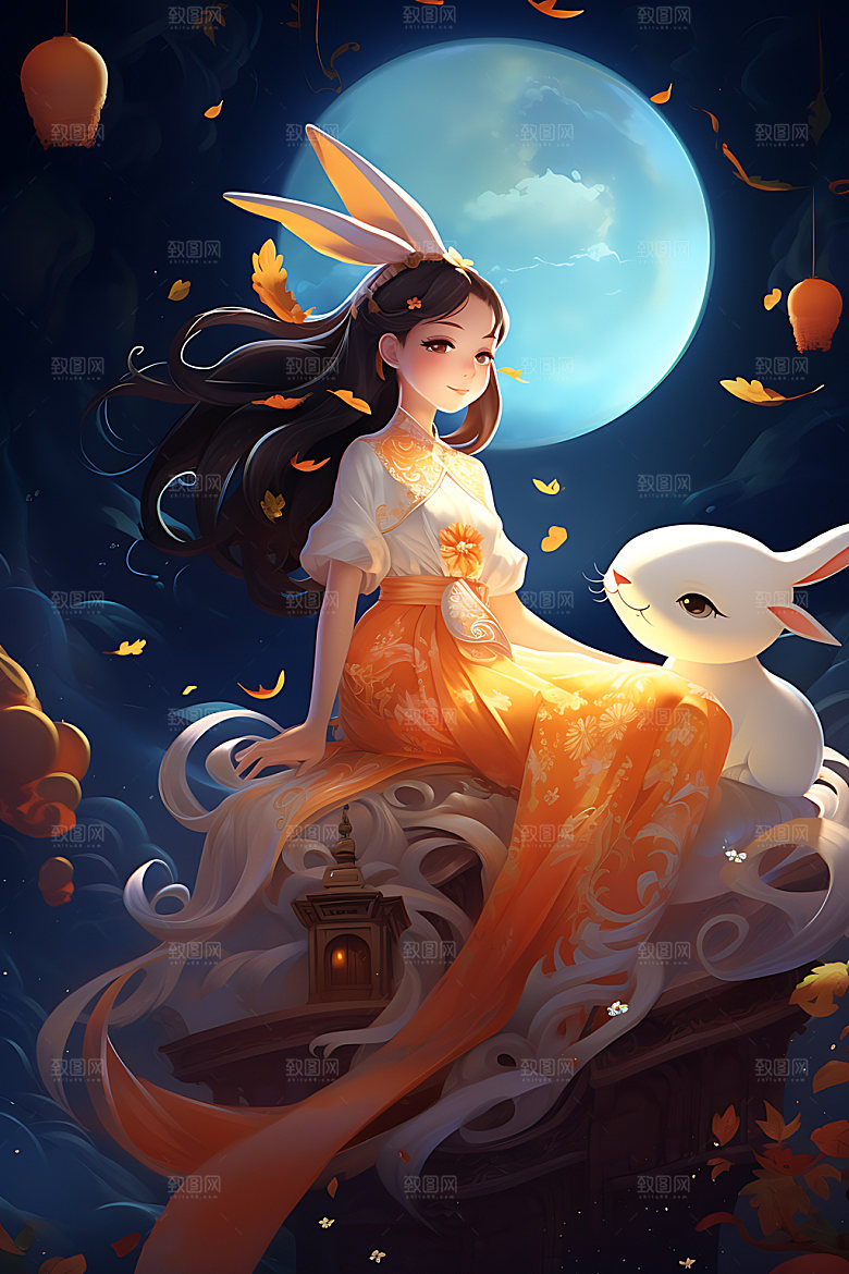 中秋玉兔少女中国风女孩插画