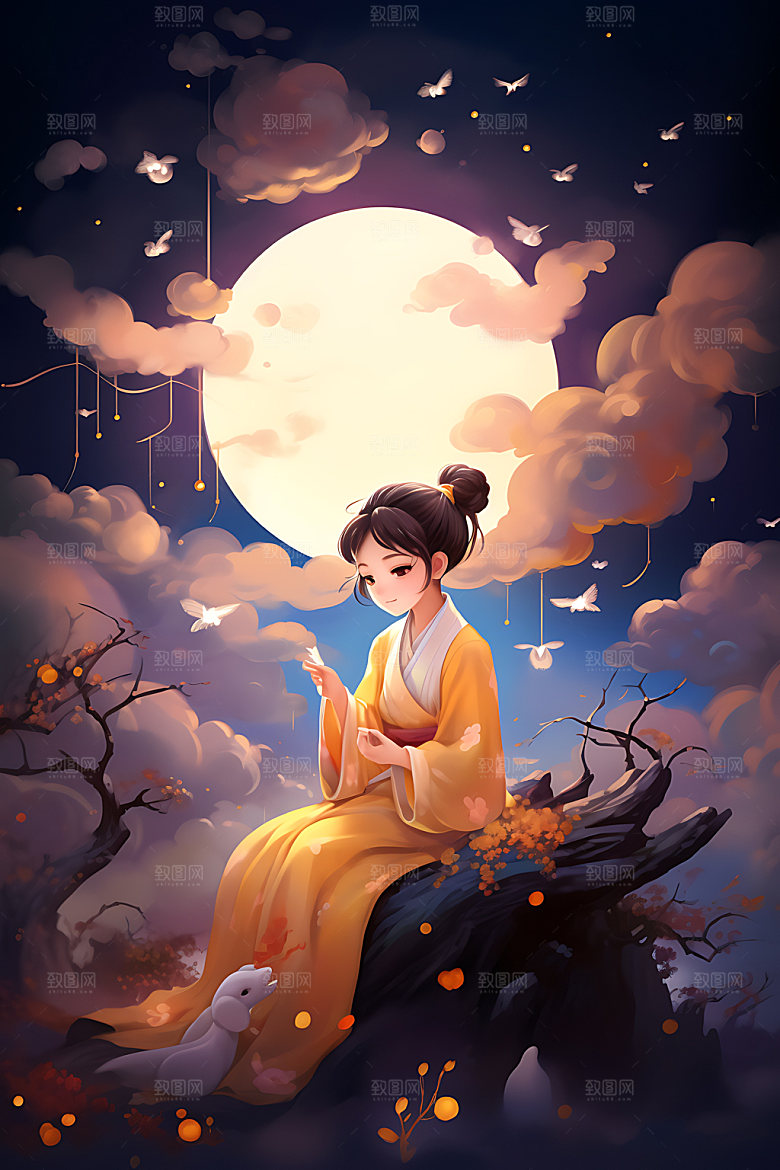 中秋玉兔少女嫦娥节日插画