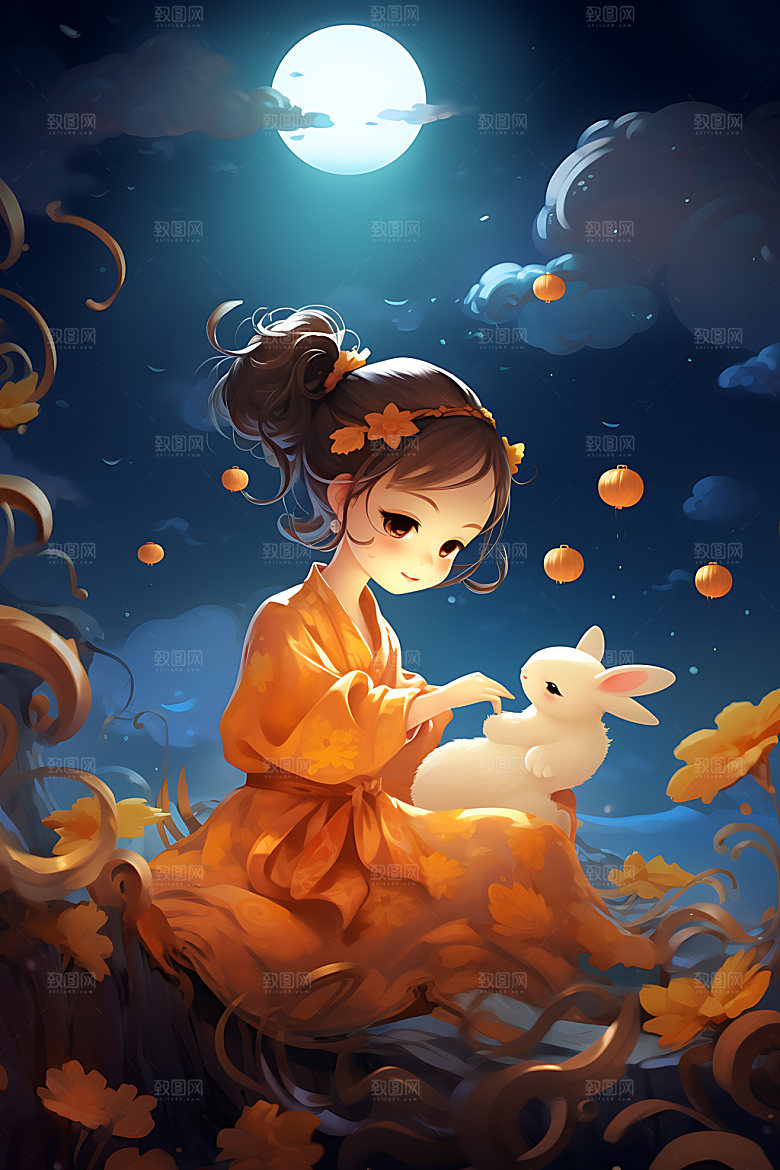 中秋玉兔少女手绘女孩插画