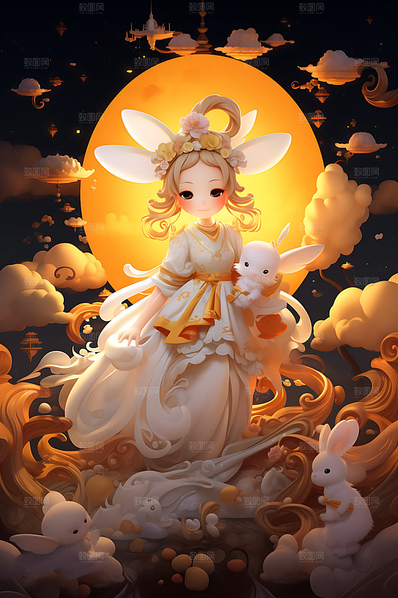 中秋玉兔少女唯美女孩插画