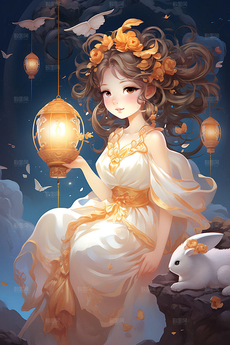 中秋玉兔少女嫦娥节日插画