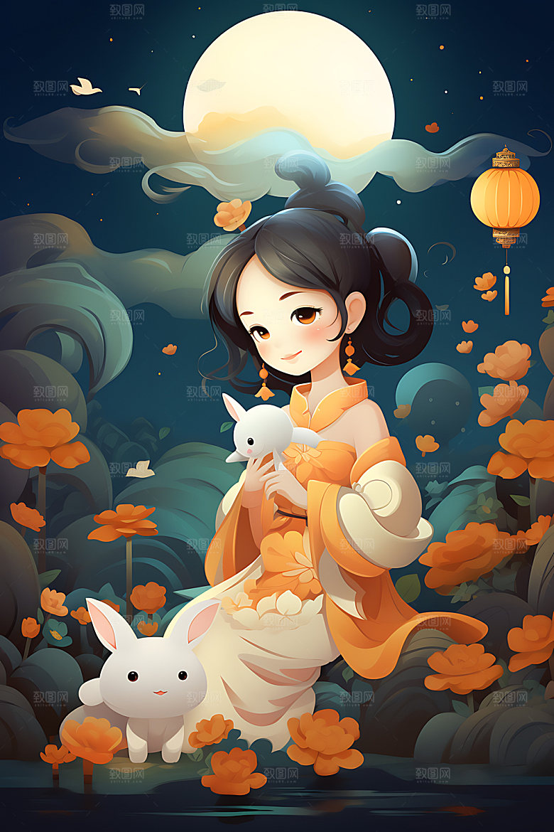 中秋玉兔少女唯美嫦娥插画