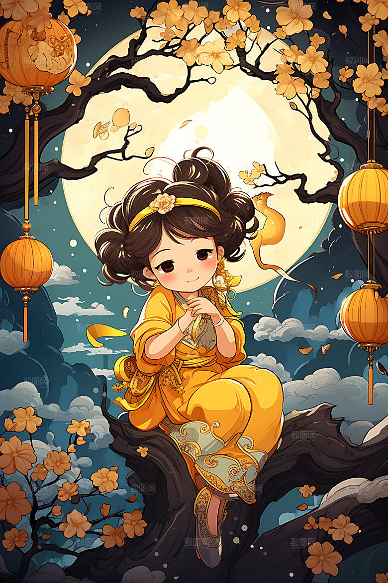 中秋玉兔少女可爱嫦娥插画