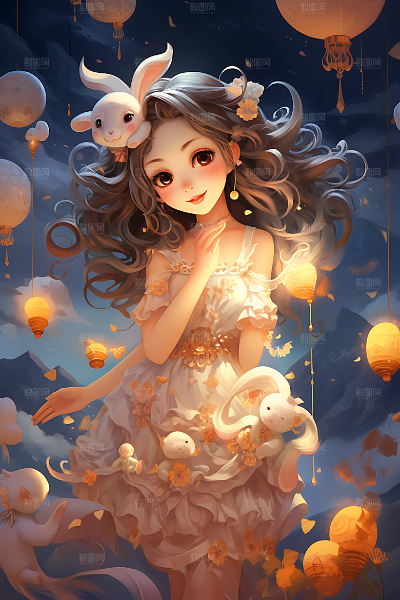中秋玉兔少女可爱嫦娥插画