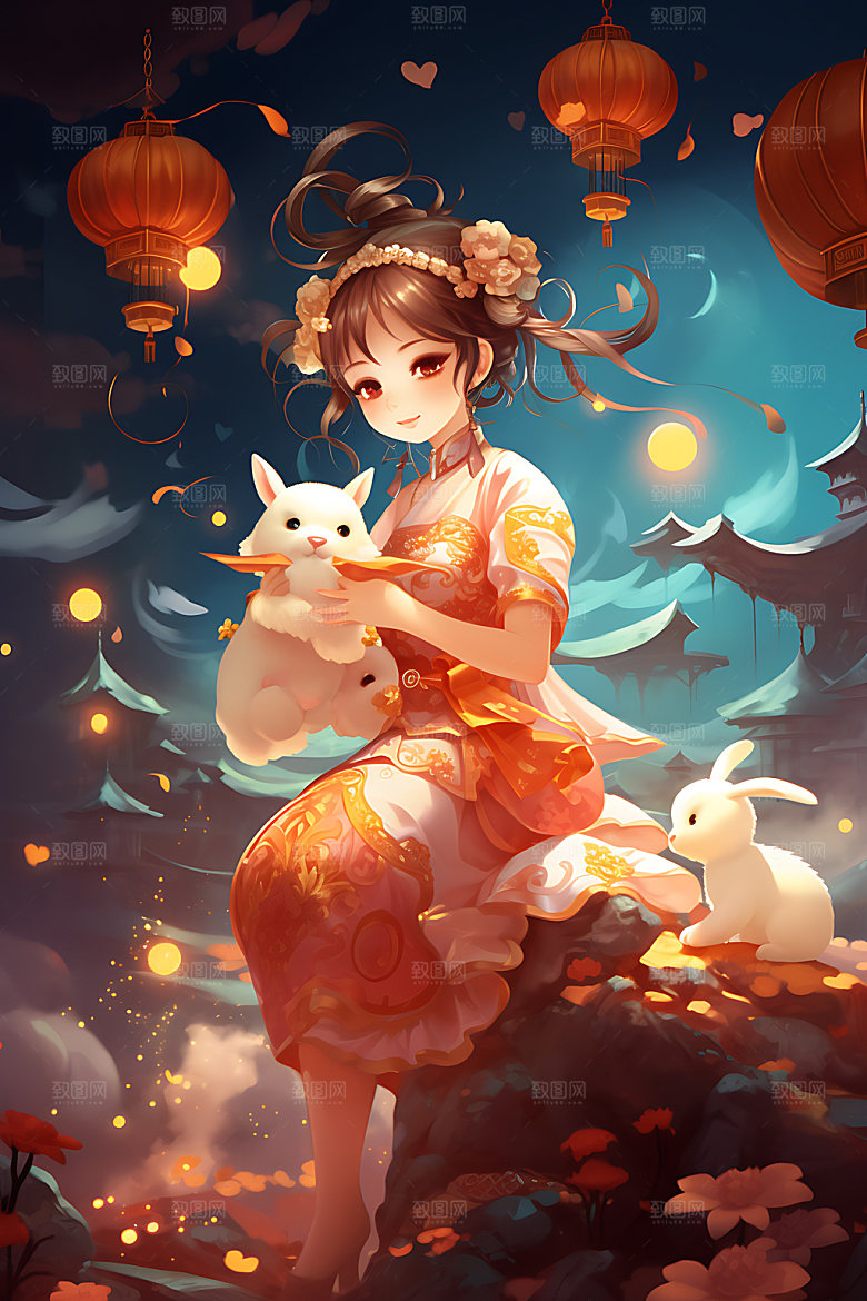 中秋玉兔少女唯美嫦娥插画