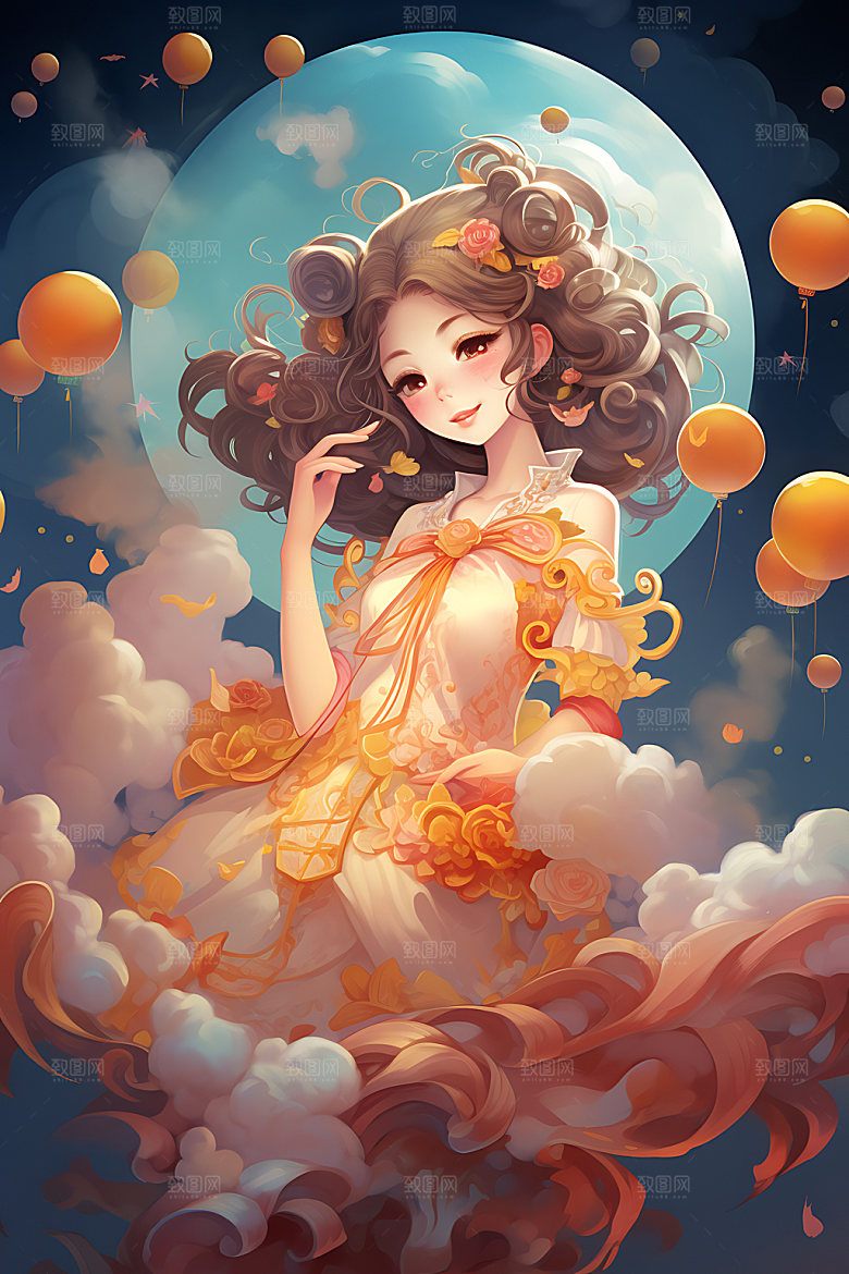 中秋玉兔少女唯美节日插画