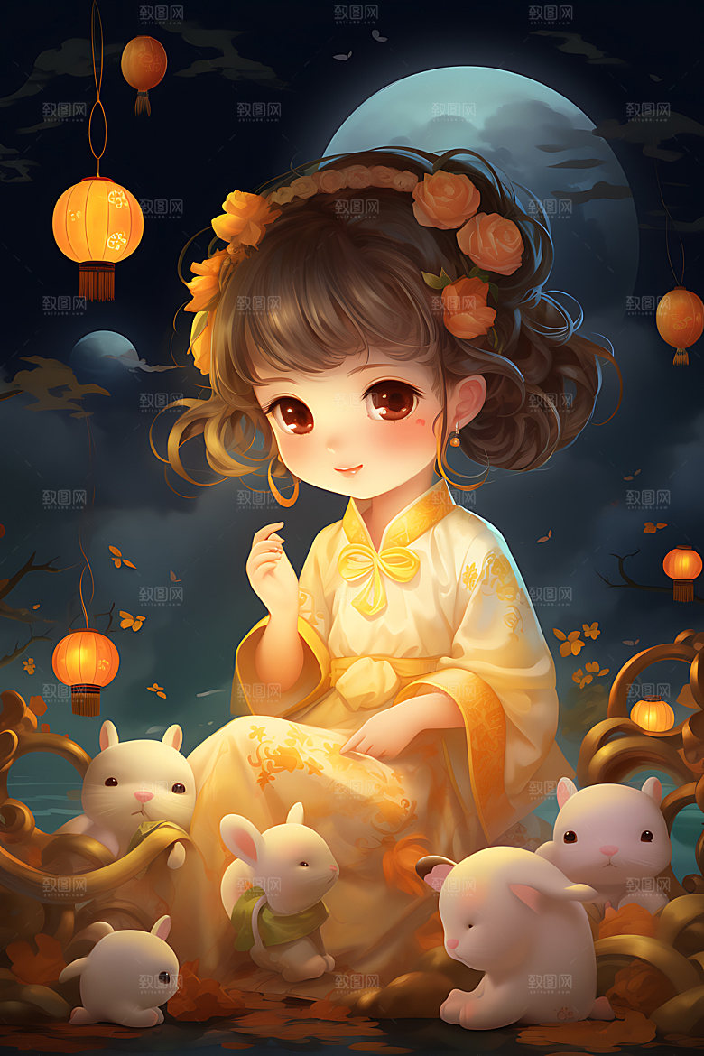 中秋玉兔少女手绘嫦娥插画