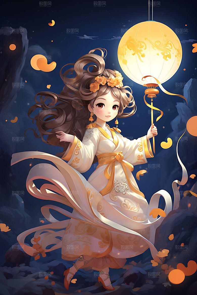 中秋玉兔少女嫦娥可爱插画