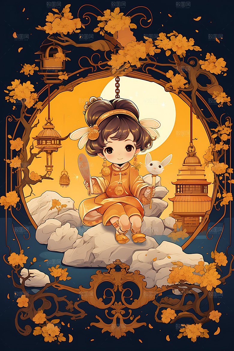 中秋玉兔少女女孩节日插画