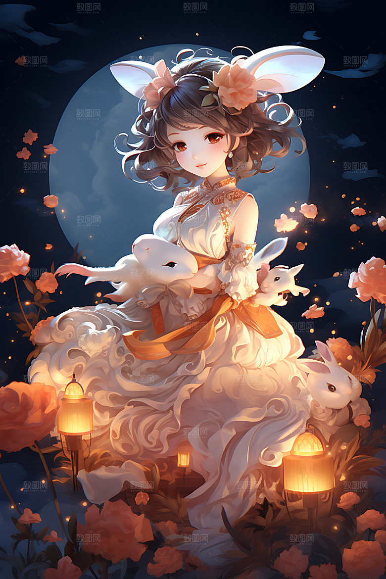 中秋玉兔少女可爱中国风插画
