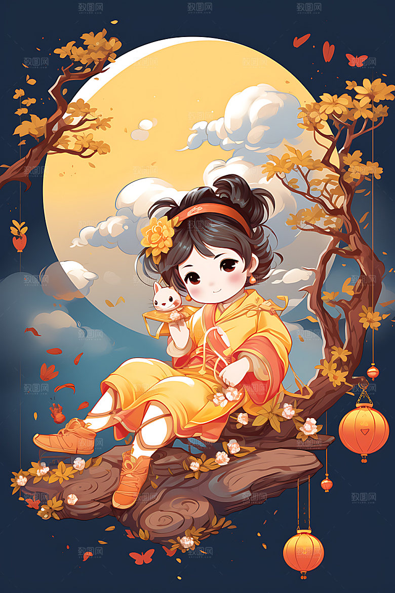 中秋玉兔少女手绘嫦娥插画