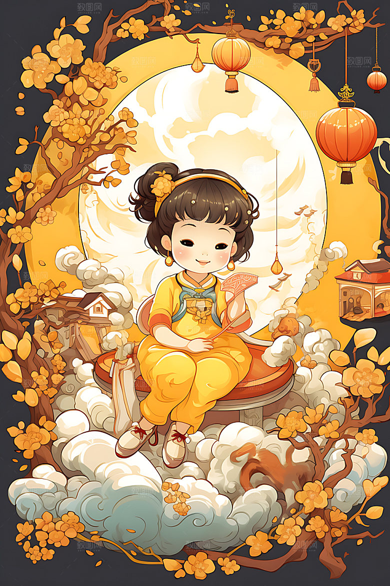 中秋玉兔少女节日唯美插画