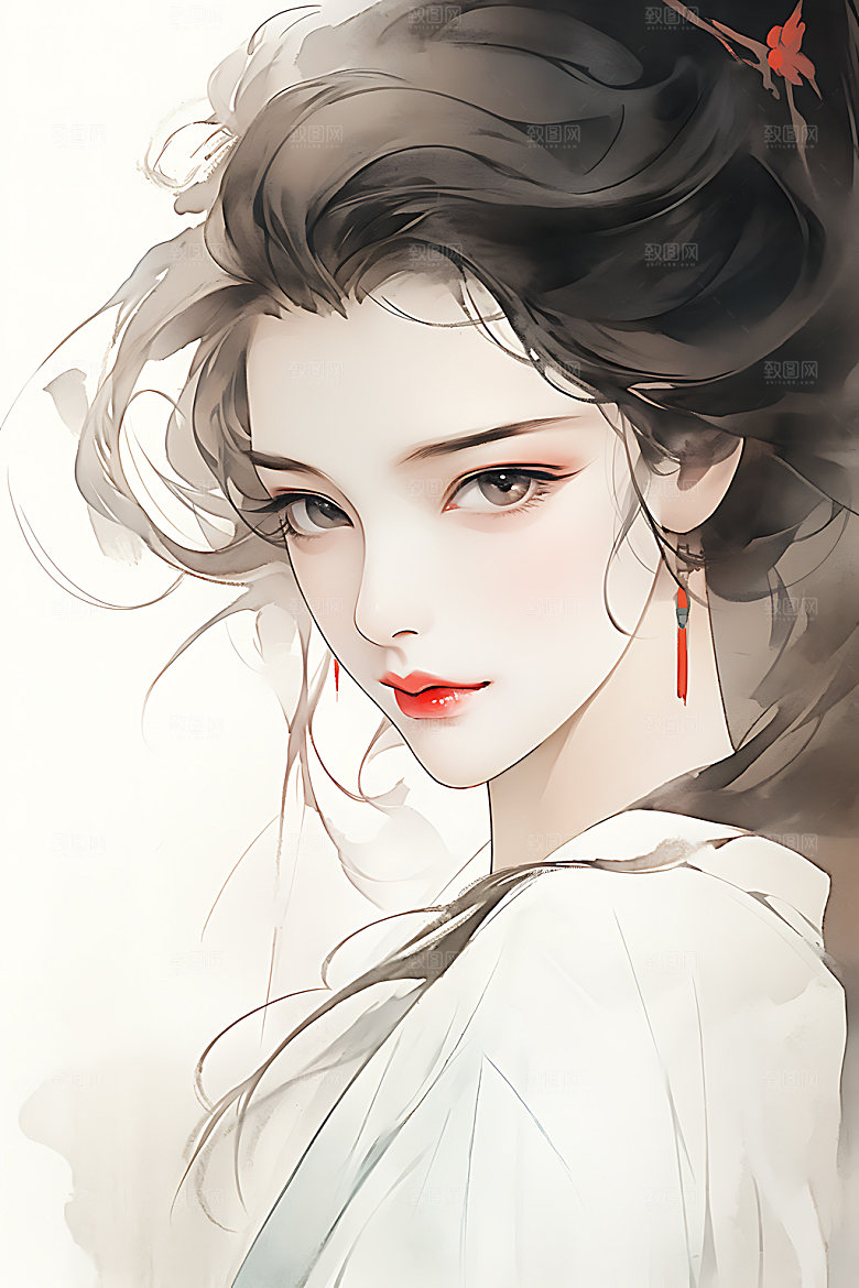 古风少女汉服水墨插画